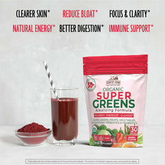 Country Farms Super Greens Berry dissolving in water glass natural energy boost in every sip.