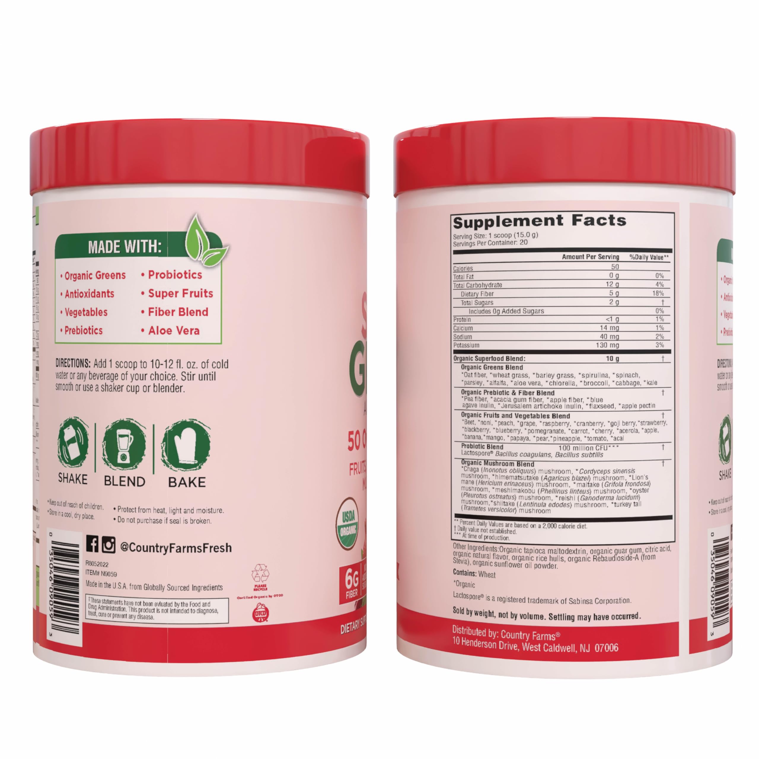 Country Farms Super Greens Berry Flavor back label shows organic certification.