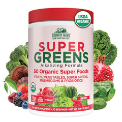 Country Farms Super Greens Berry Flavor bottle front; convenient daily energy boost.