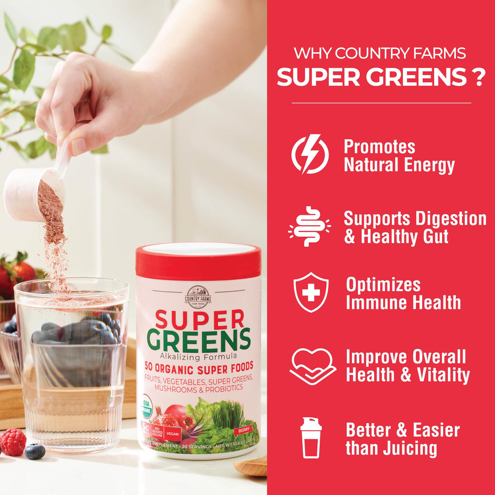 Country Farms Super Greens Berry Flavor dissolves smoothly in water.
