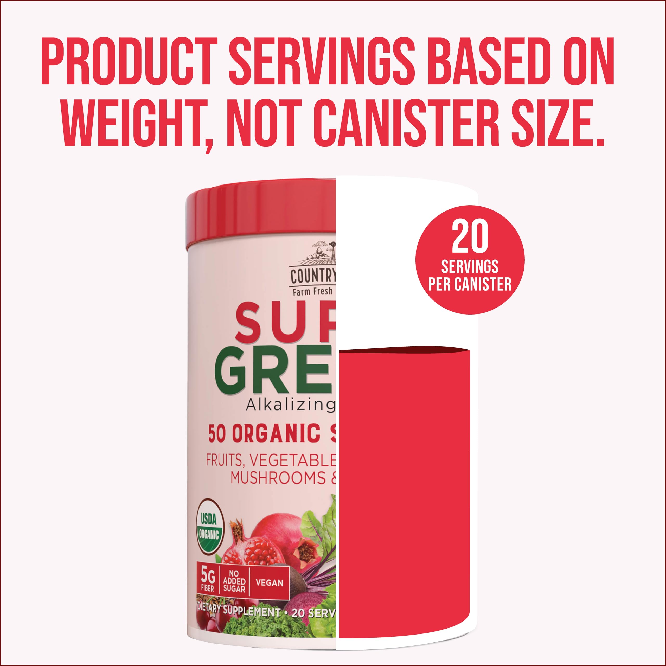 Country Farms Super Greens Berry Flavor ready-to-mix powder for daily nutrition.