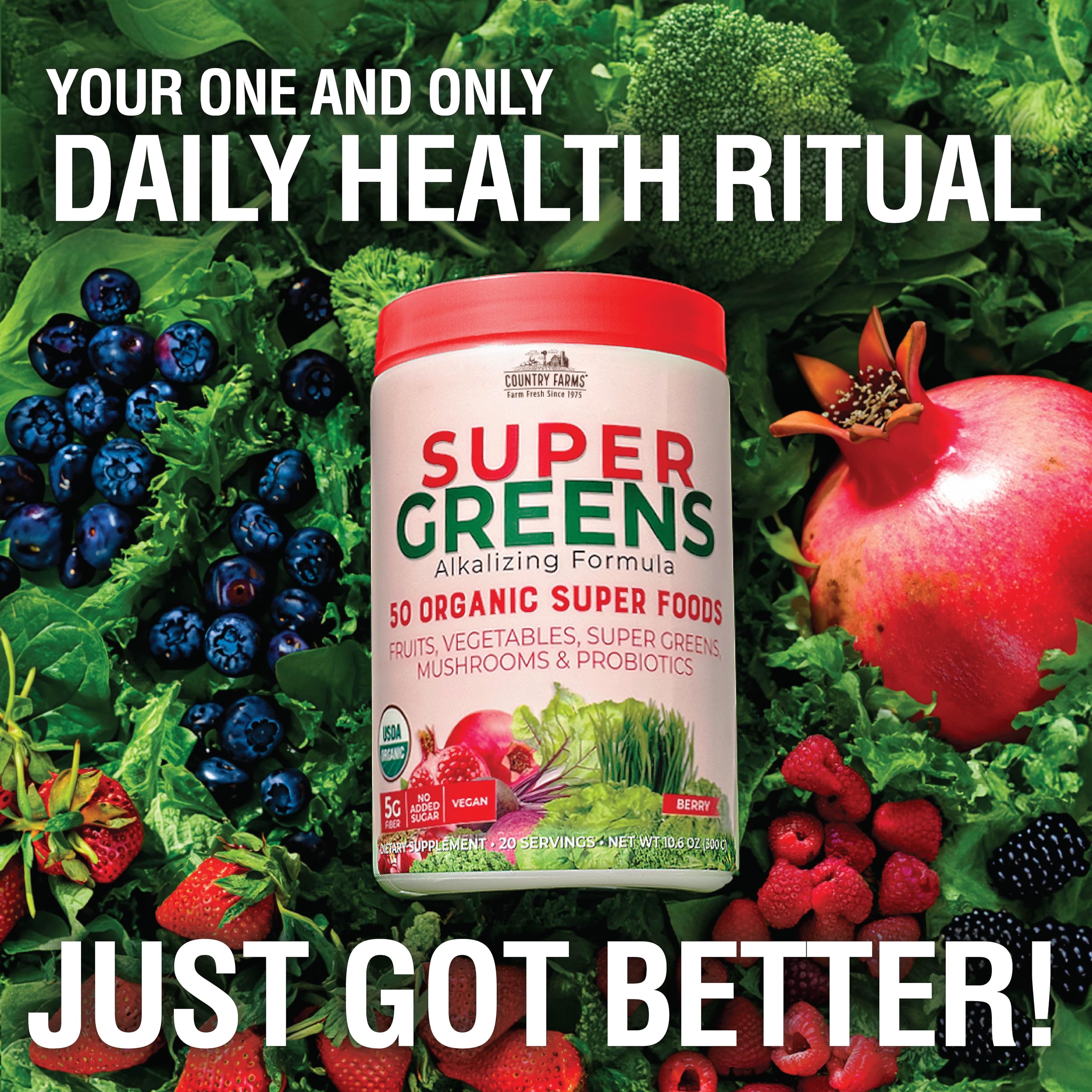 Country Farms Super Greens Berry Flavor shaker ready for on-the-go nutrition.