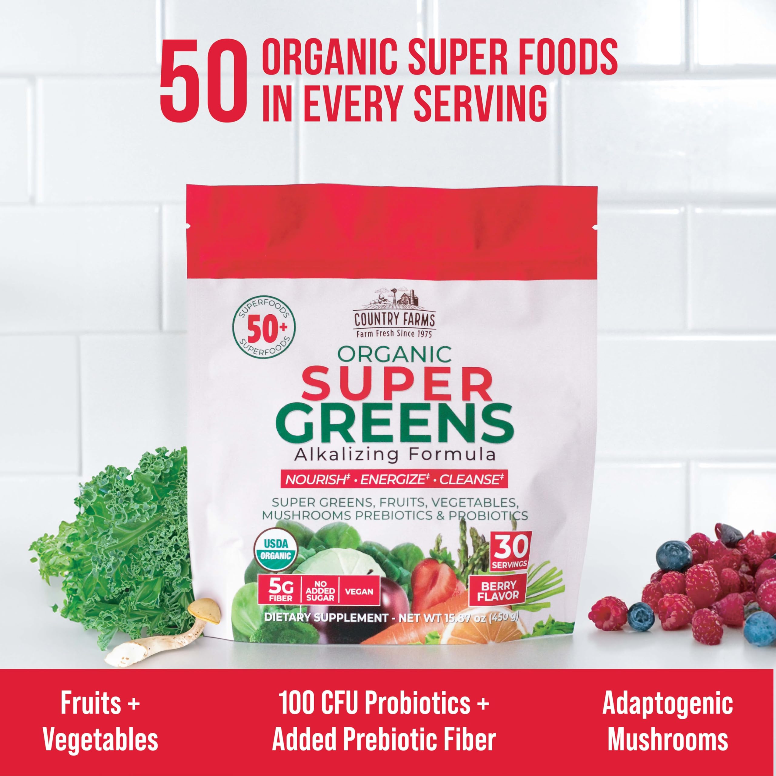 Country Farms Super Greens Berry measuring scoop suggests simple daily use.
