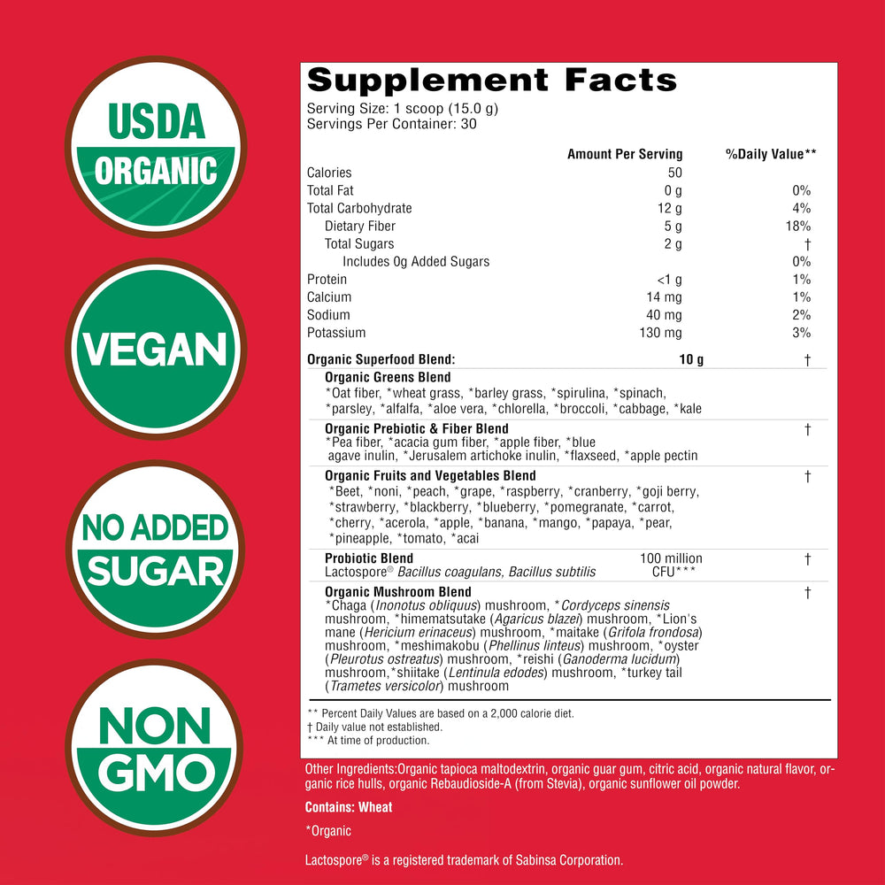 Country Farms Super Greens Berry tub label close-up highlighting berry flavor and nutrient-dense mix.