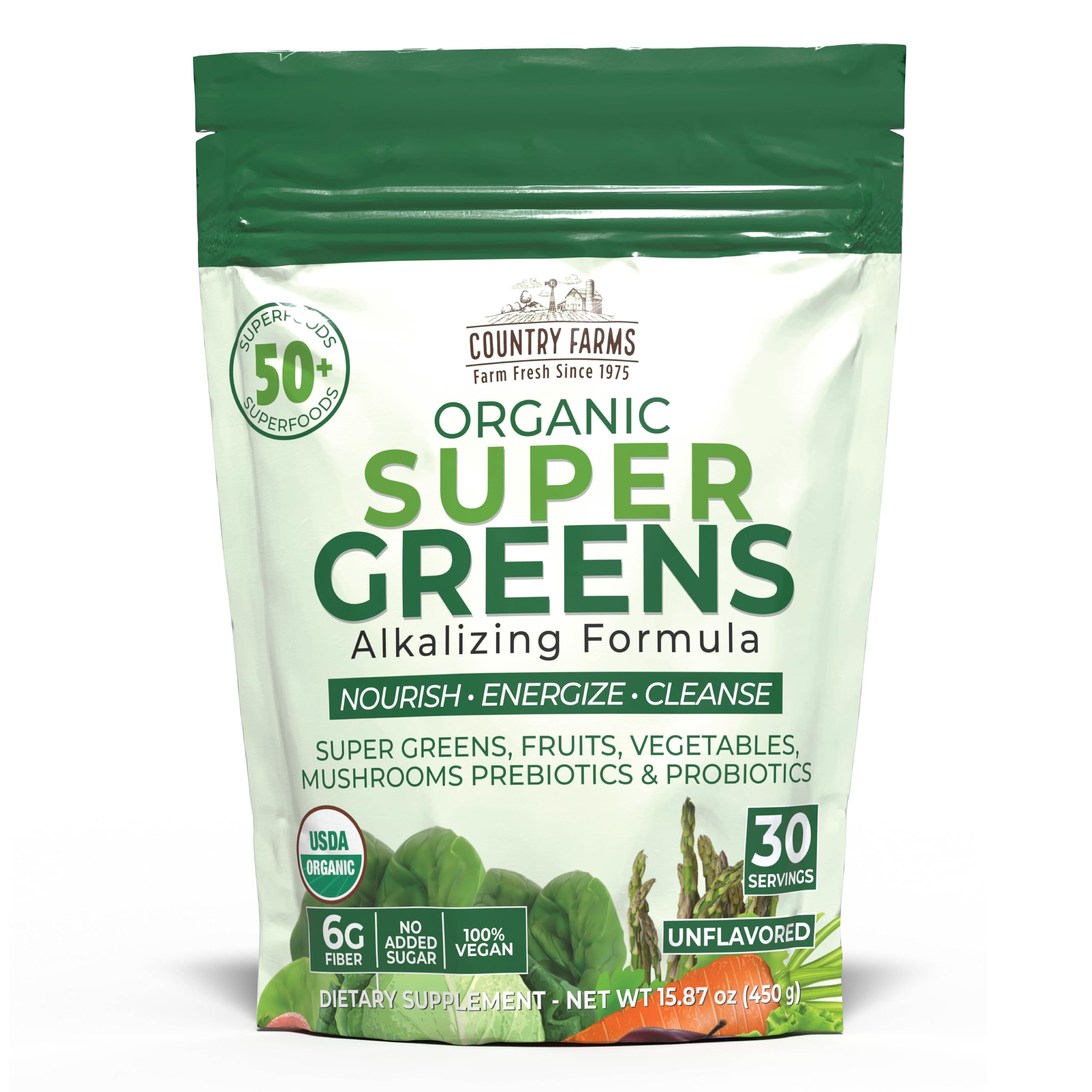 Country Farms Super Greens bottle showing 50 organic ingredients for daily vitality
