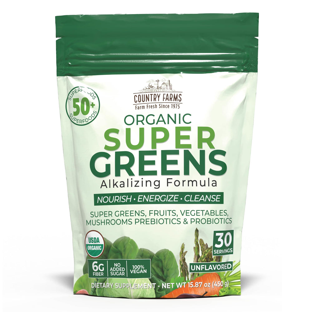 Country Farms Super Greens bottle showing 50 organic ingredients for daily vitality
