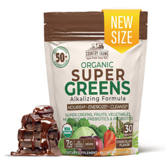 Country Farms Super Greens Chocolate bag front shows the USDA Organic seal and premium ingredients for daily vitality