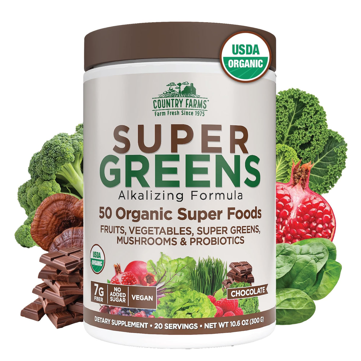Country Farms Super Greens Chocolate bottle poured to suggest natural energy boost
