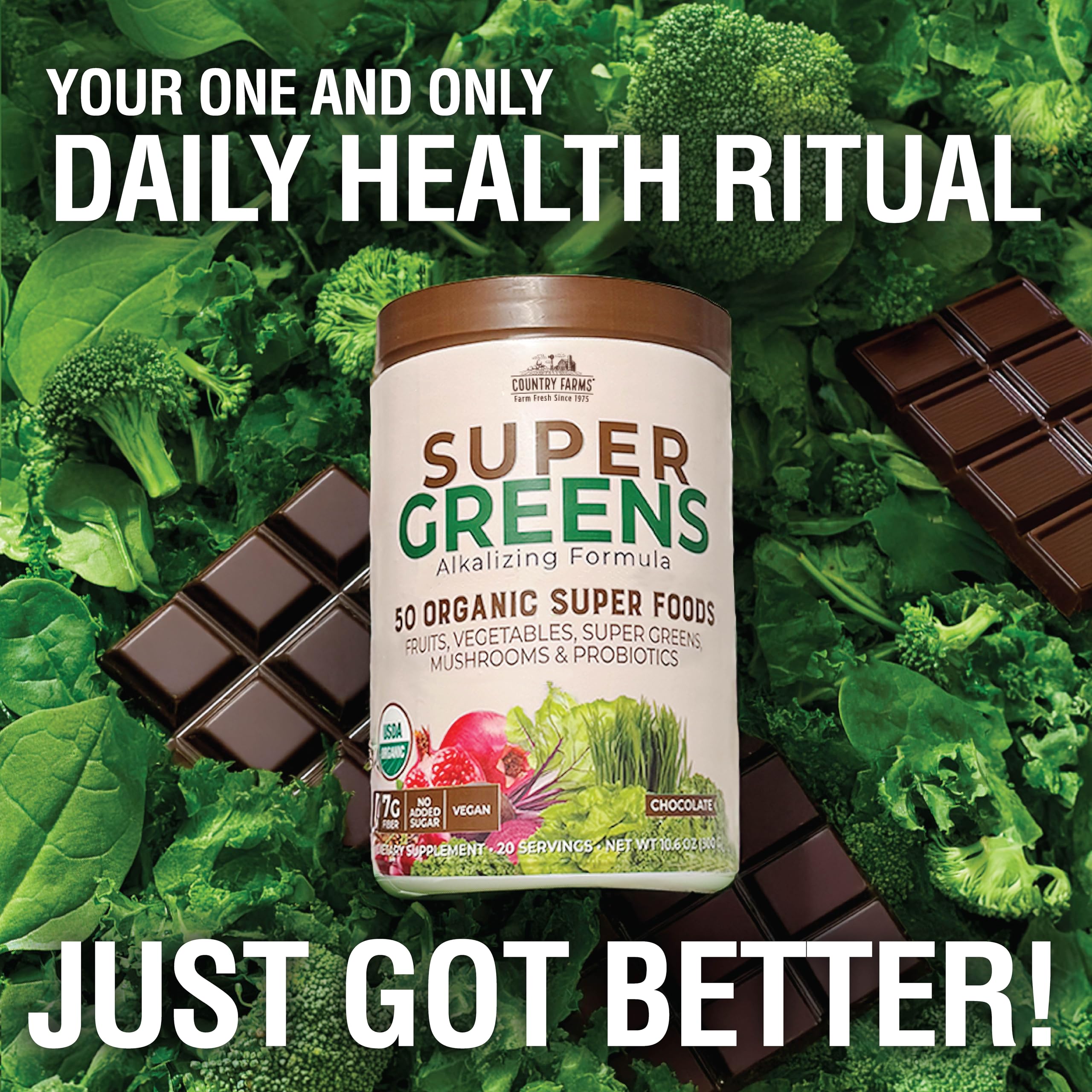 Country Farms Super Greens Chocolate glass of prepared drink illustrating vibrant color and flavor