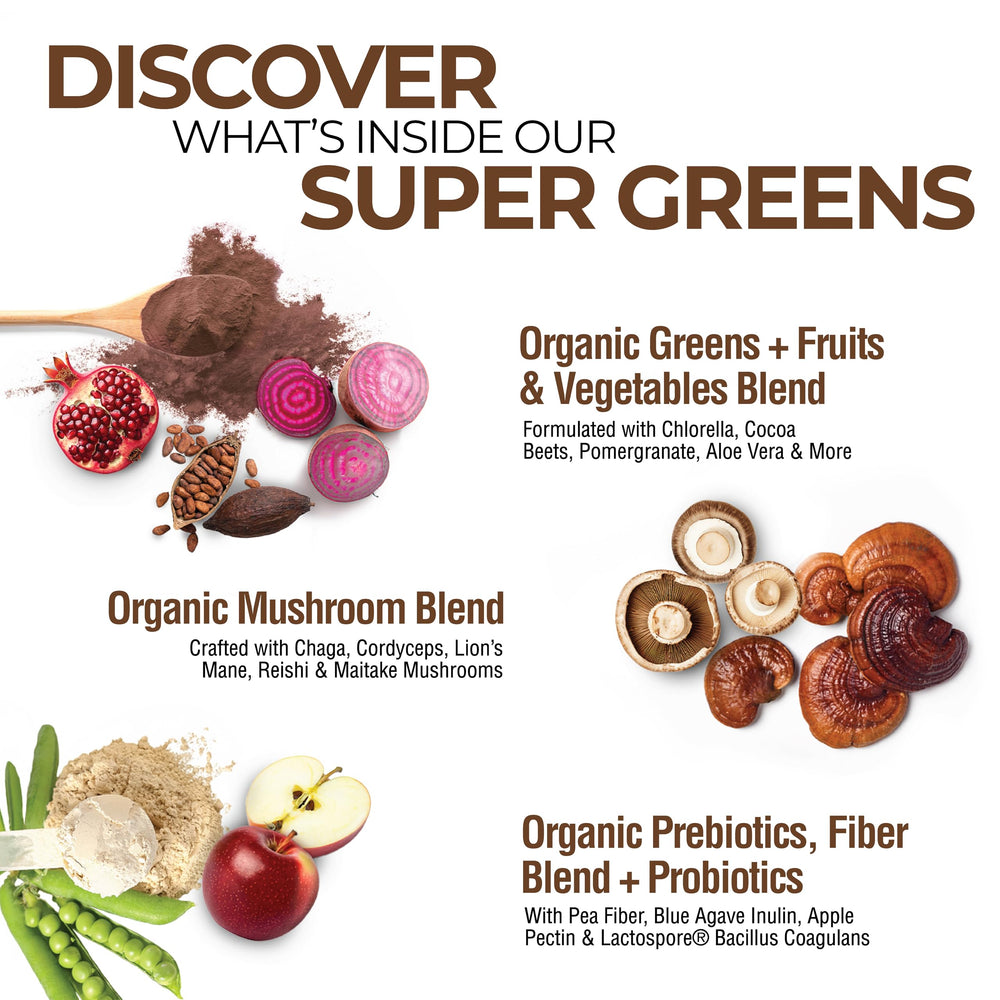 Country Farms Super Greens Chocolate ingredient blend closeup showing berries, greens, and mushrooms
