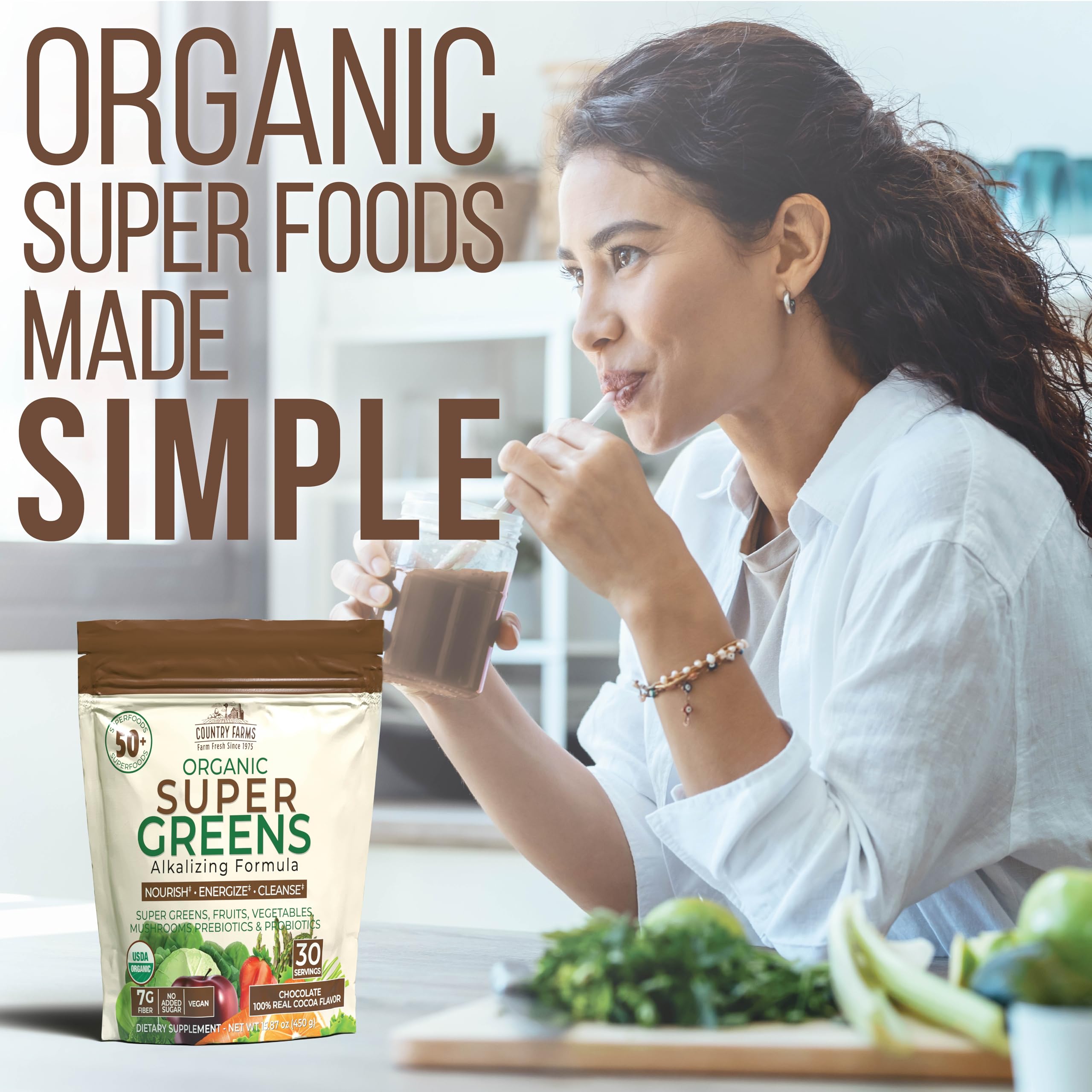 Country Farms Super Greens Chocolate powder with mushroom blend supports antioxidant-rich nourishment