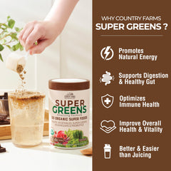 Country Farms Super Greens Chocolate mushroom blend closeup emphasizing antioxidant-rich fungi