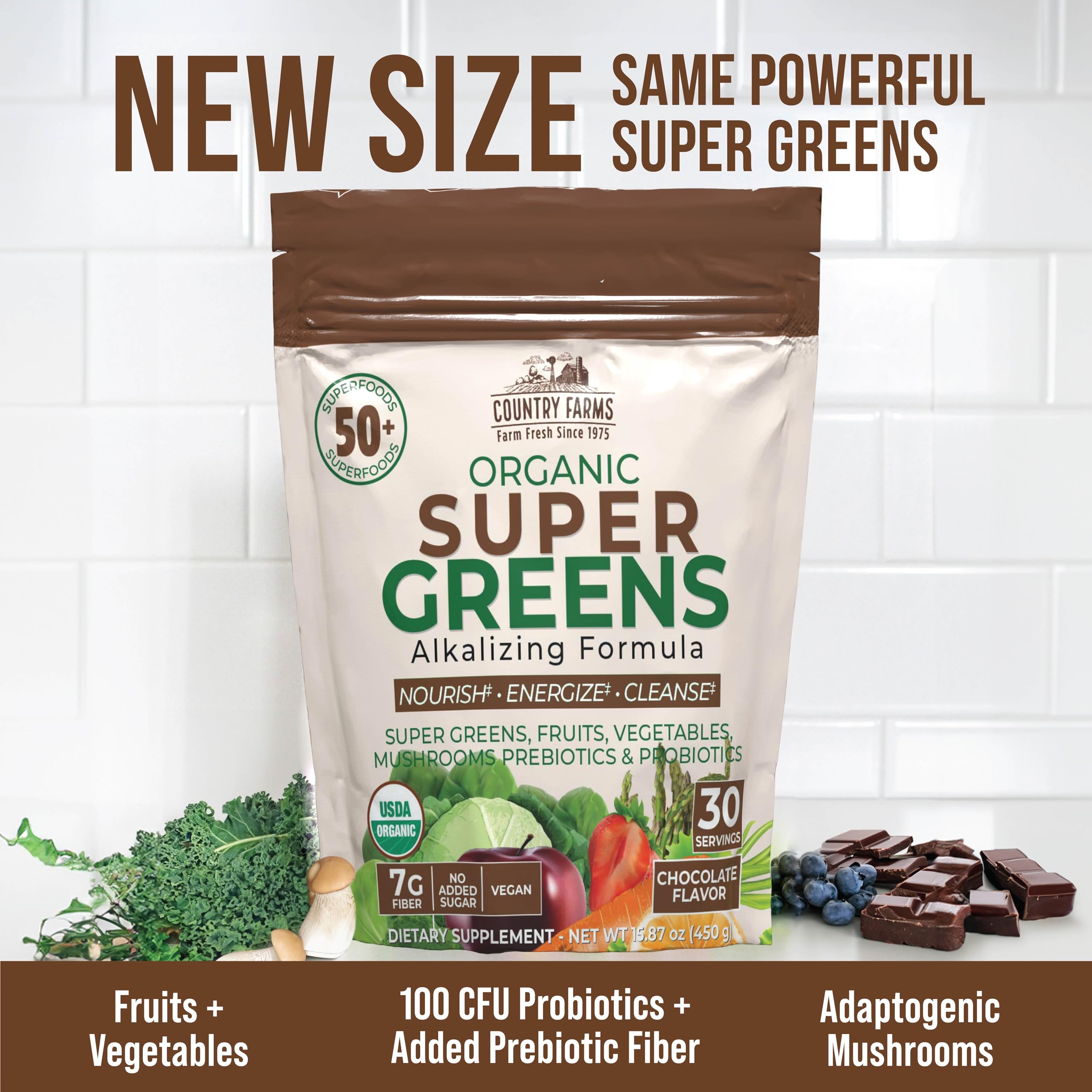 Country Farms Super Greens Chocolate label highlights probiotics for gentle, daily gut support