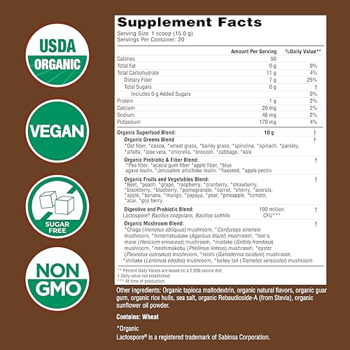 Country Farms Super Greens Chocolate scoop closeup highlighting fiber-rich, nutrient-dense powder