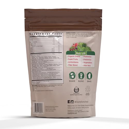 Country Farms Super Greens Chocolate scoop allows convenient, measured servings in smoothies or water