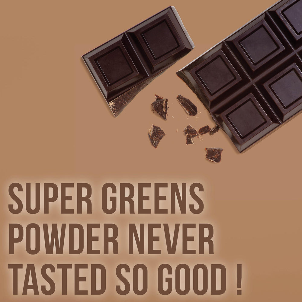 Country Farms Super Greens Chocolate featuring wheatgrass, spirulina, chlorella for natural alkalizing benefits