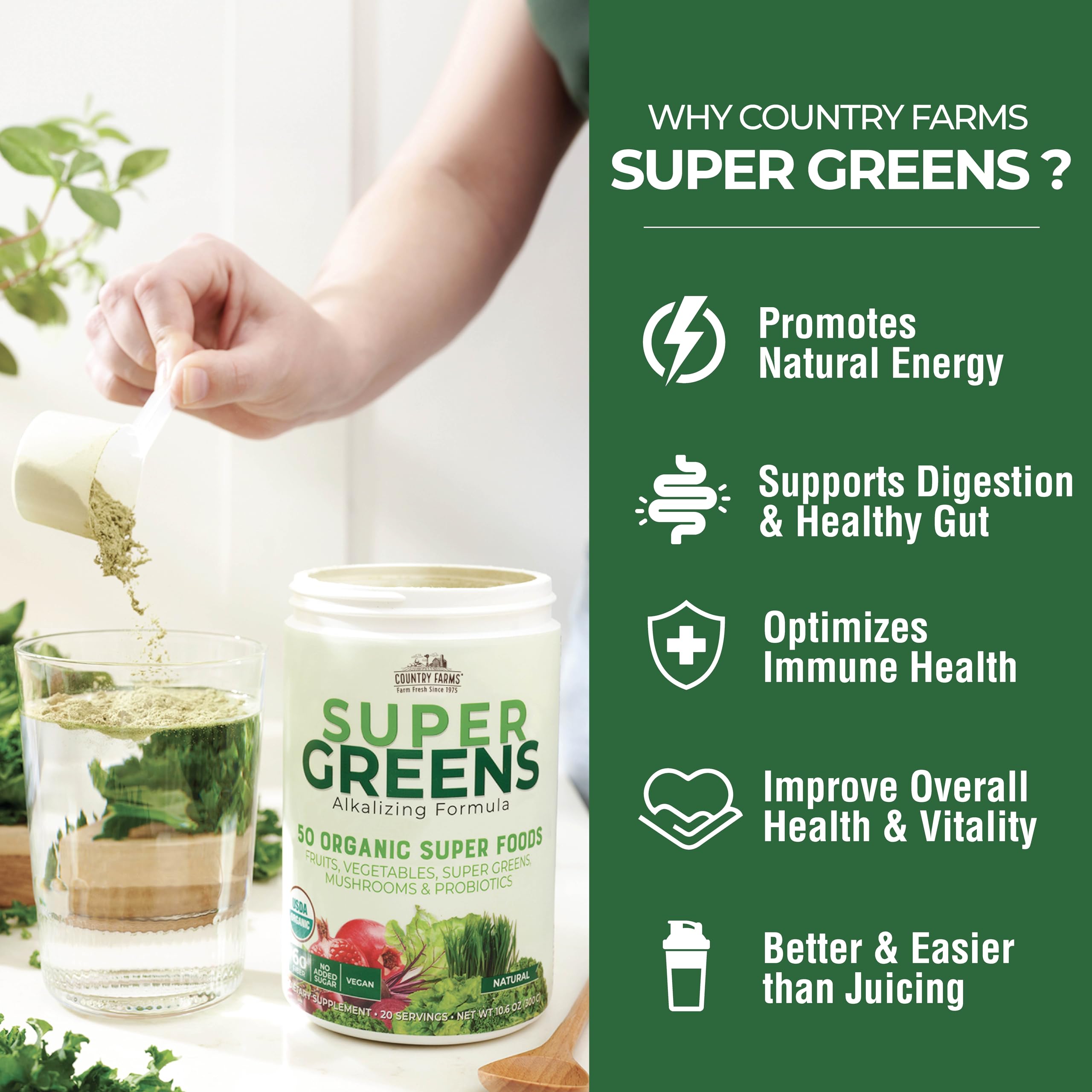 Closeup of Country Farms Super Greens ingredients blend with greens and fruits