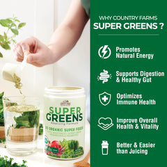 Closeup of Country Farms Super Greens ingredients blend with greens and fruits