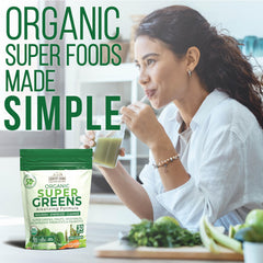 Country Farms Super Greens ingredients close-up with mushroom and fiber details