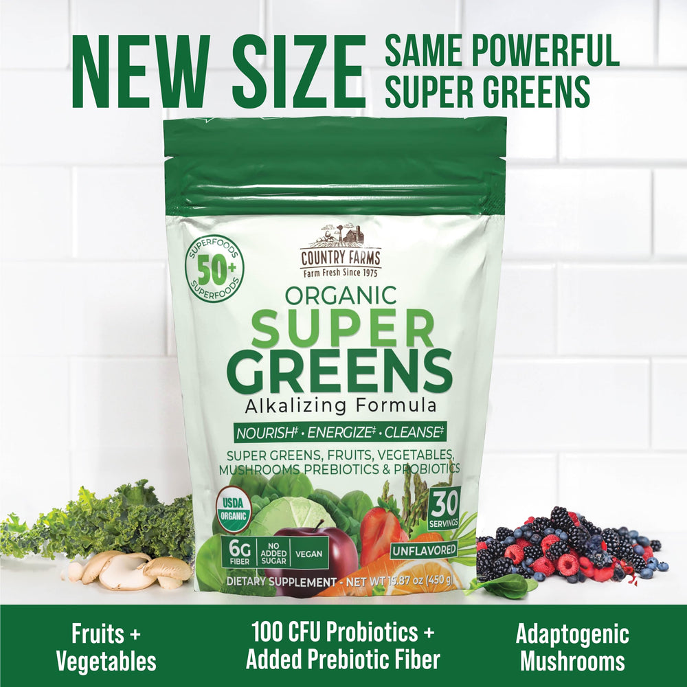 Country Farms Super Greens mushroom blend close-up highlighting antioxidants