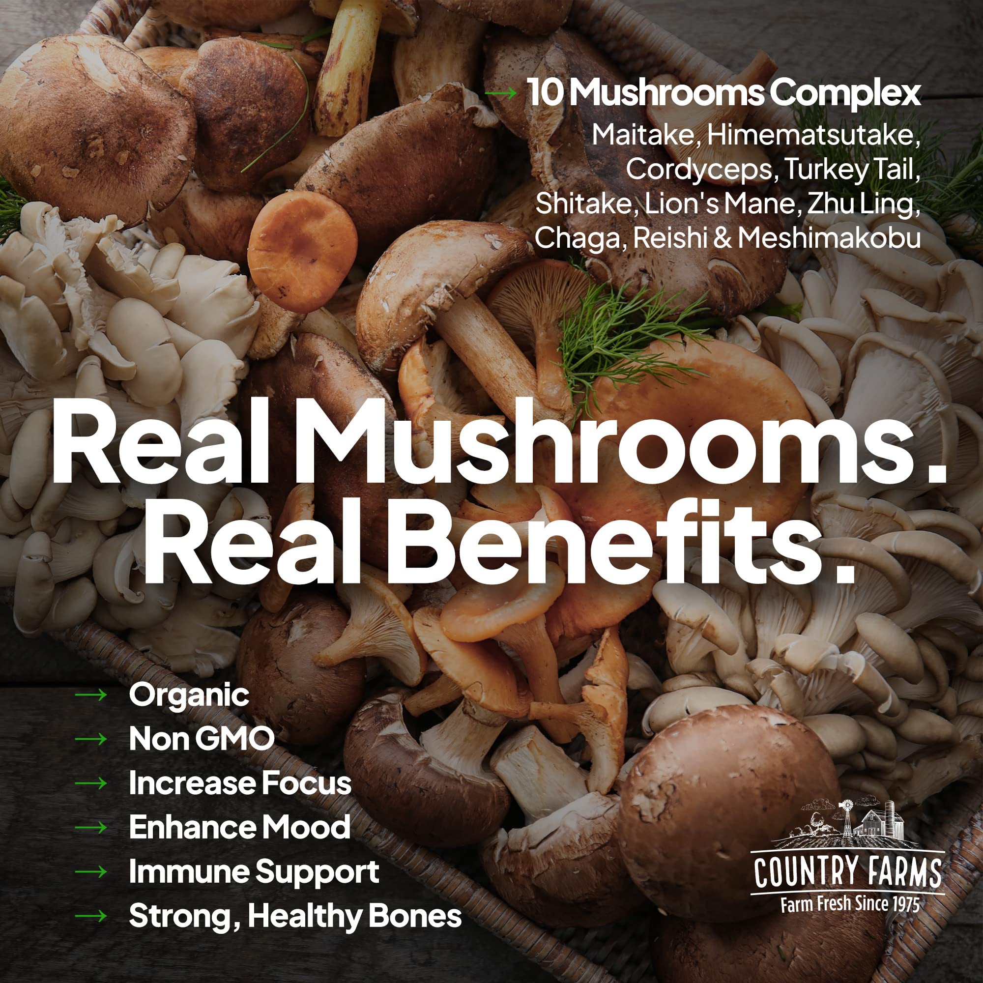 Country Farms Super Greens mushroom blend adds antioxidants for daily focus and energy.