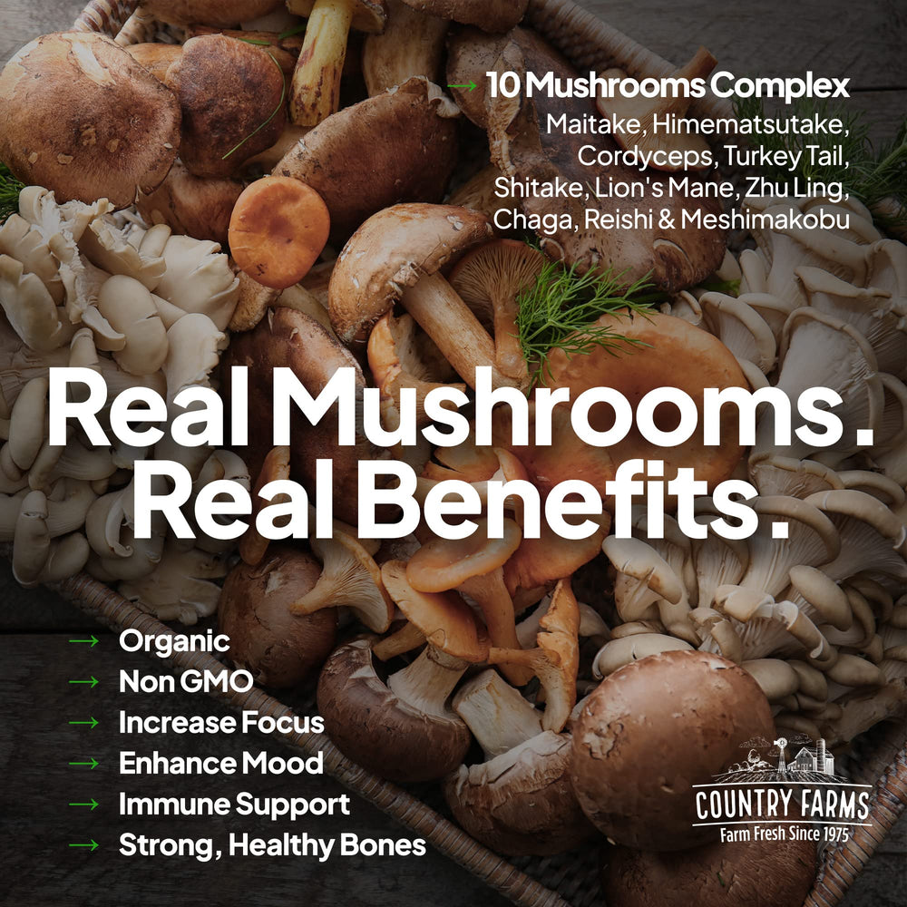 Country Farms Super Greens mushroom blend adds antioxidants for daily focus and energy.