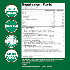 Country Farms Super Greens bottle back label highlights ingredients and serving guidance.