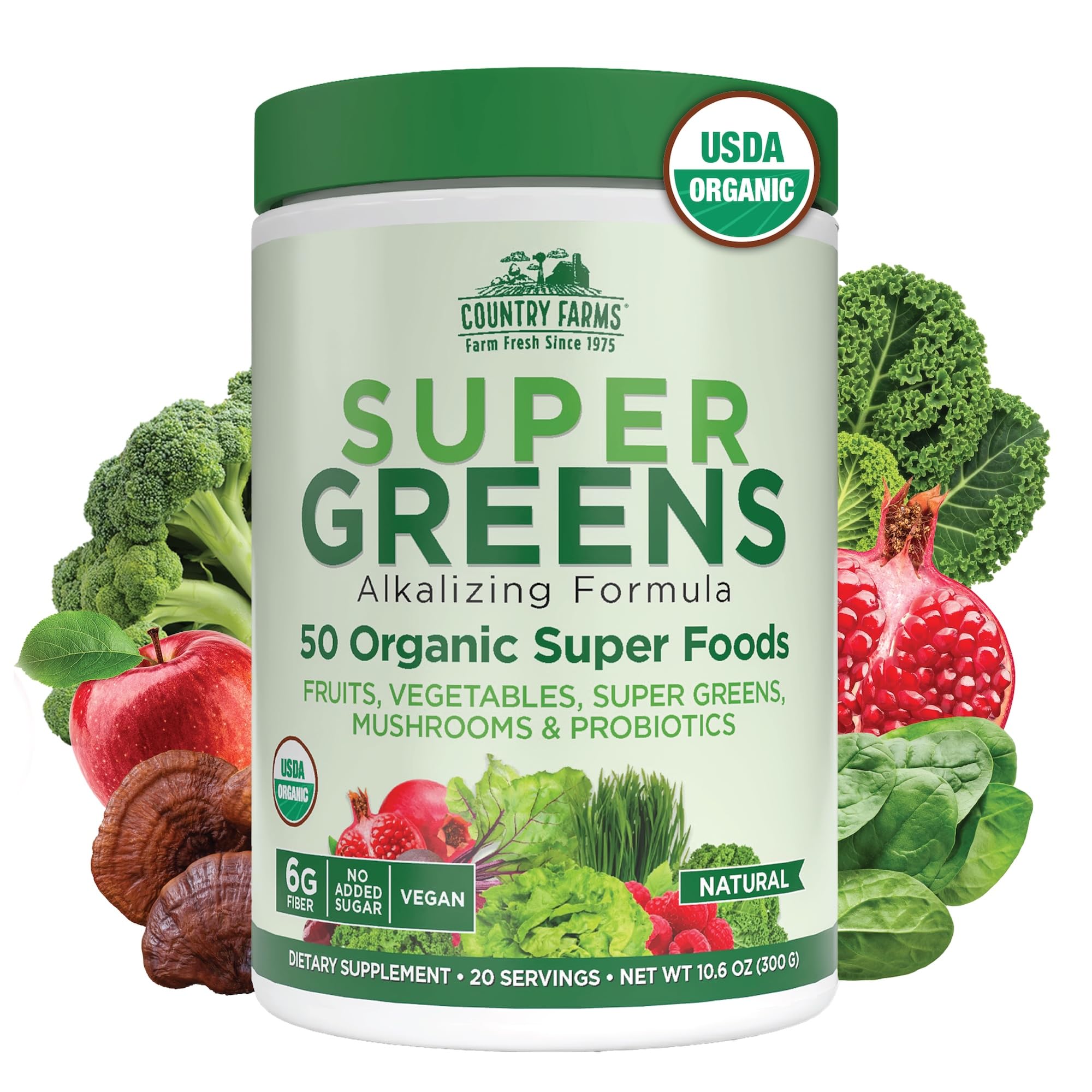 Country Farms Super Greens natural flavor bottle showing premium organic ingredients for daily energy