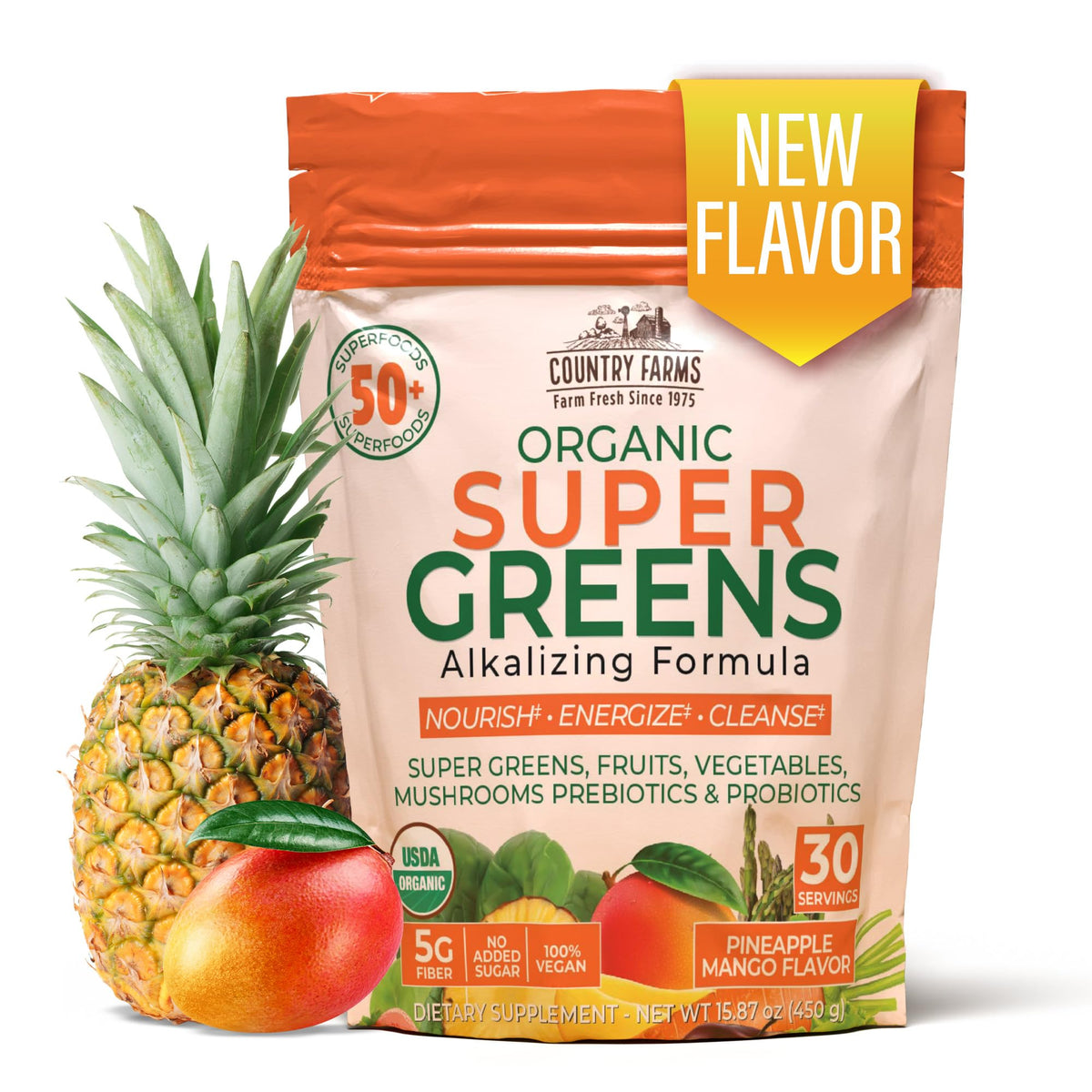 Country Farms Super Greens pineapple-mango bottle pour highlights tropical aroma and on-the-go energy.