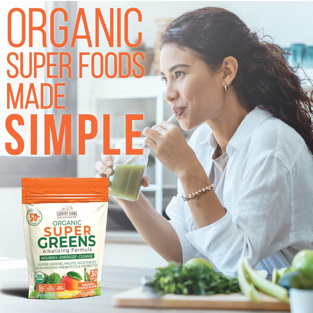 Country Farms Super Greens pineapple-mango label closeup shows organic ingredients and brand quality.
