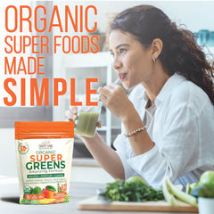 Country Farms Super Greens pineapple-mango label closeup shows organic ingredients and brand quality.