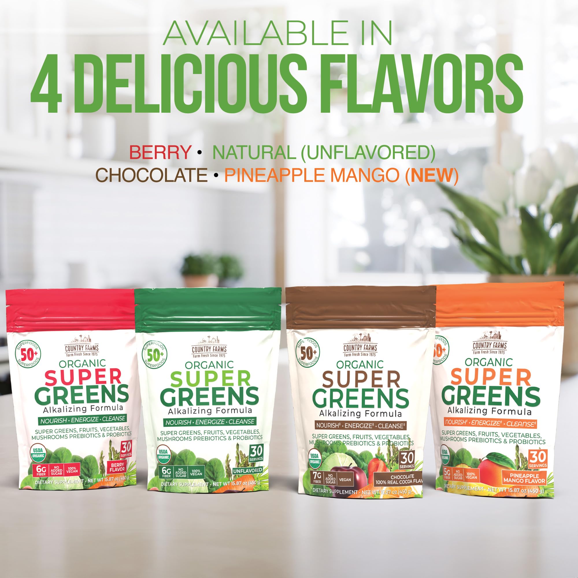 Country Farms Super Greens pineapple-mango aroma invites a refreshing daily ritual and vitality.