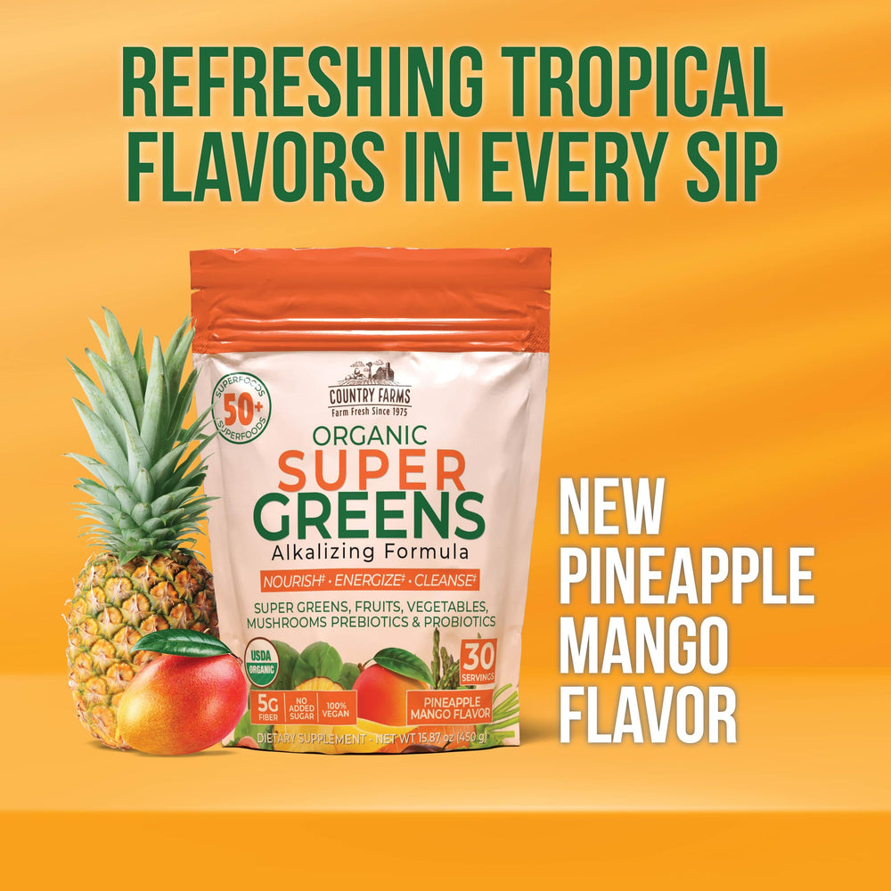 Country Farms Super Greens pineapple-mango morning mix for a tropical flavor boost during busy days.
