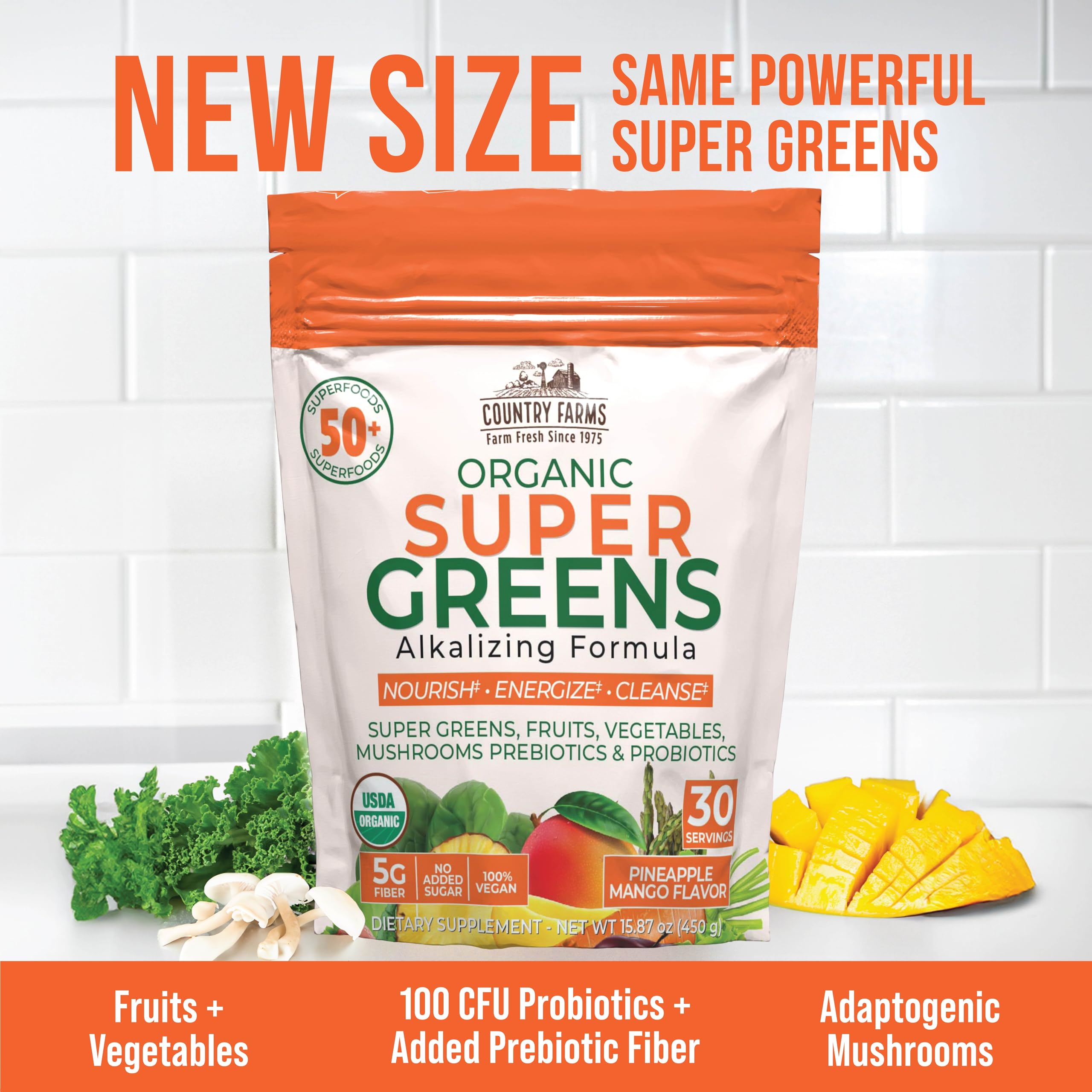 Country Farms Super Greens pineapple-mango bag with 30 servings for extended use.