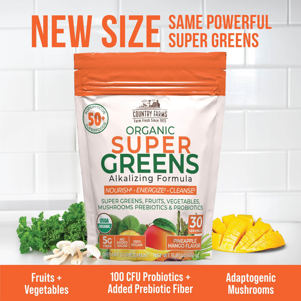 Country Farms Super Greens pineapple-mango bag with 30 servings for extended use.