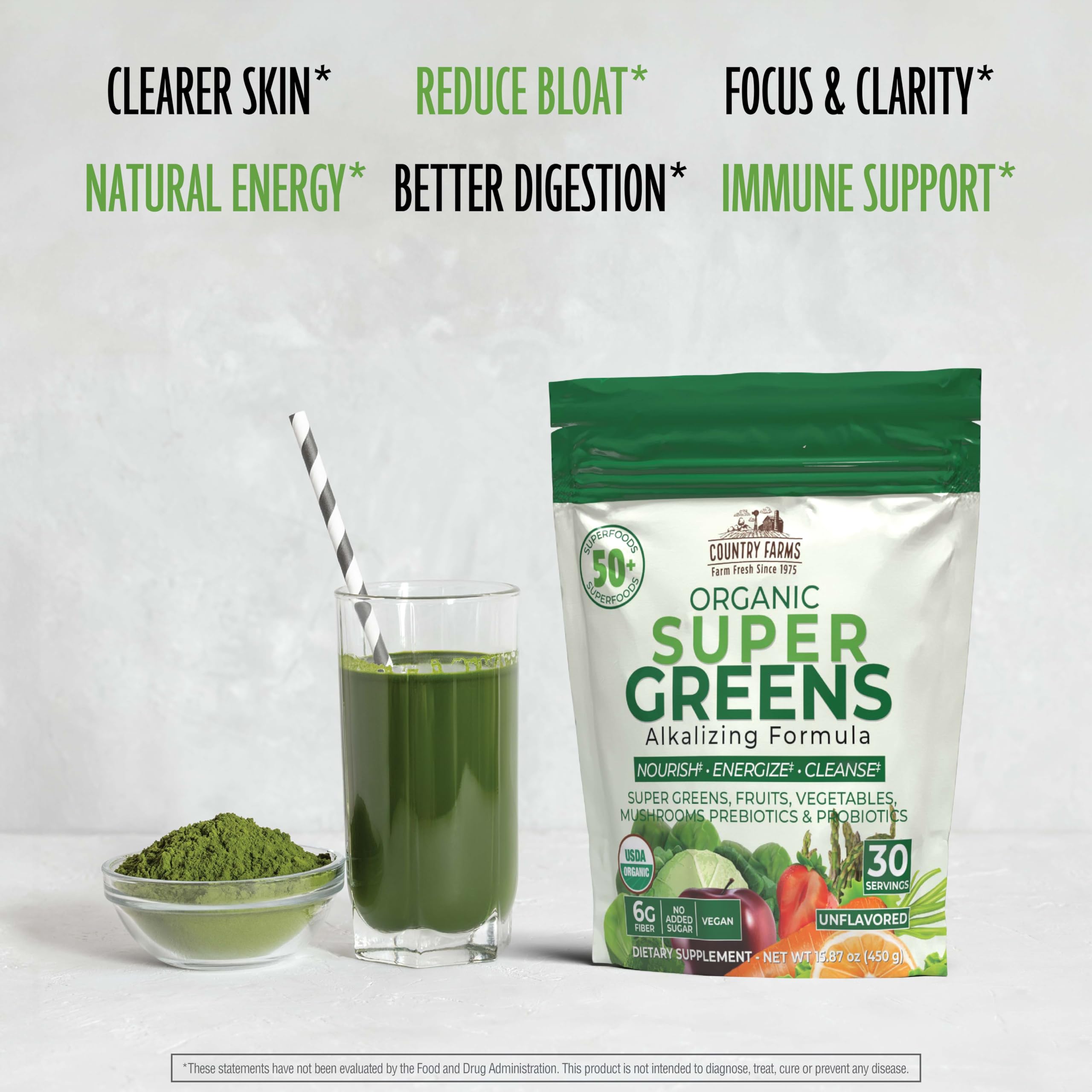 Country Farms Super Greens scoop reveals a vibrant greens blend in powder form