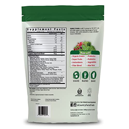 Country Farms Super Greens scoop mixing into water for a refreshing beverage.
