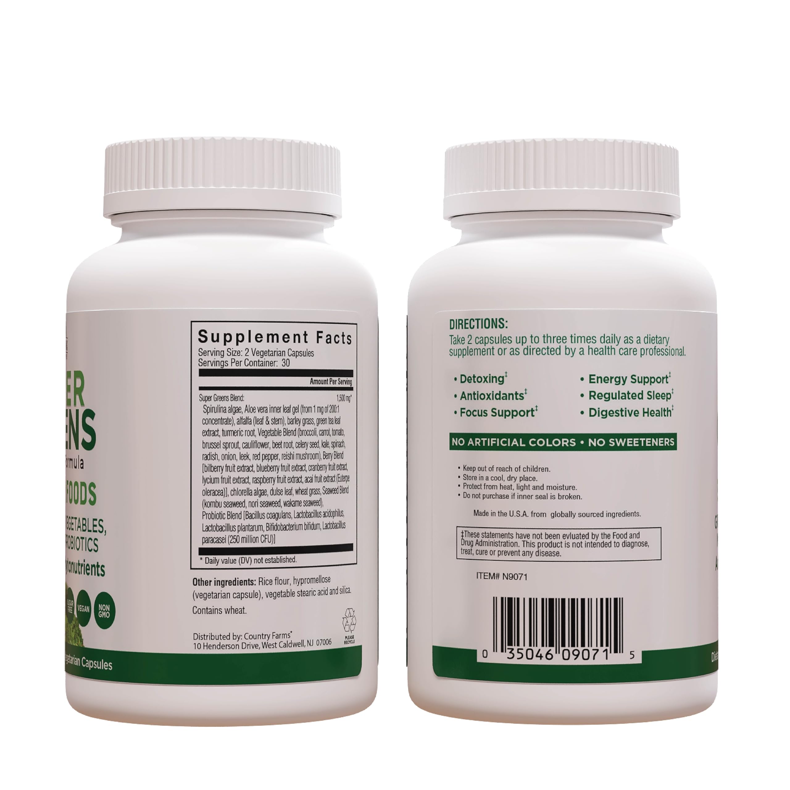 Country Farms Super Greens shelf image suggests premium, farm-fresh nutrition at home.