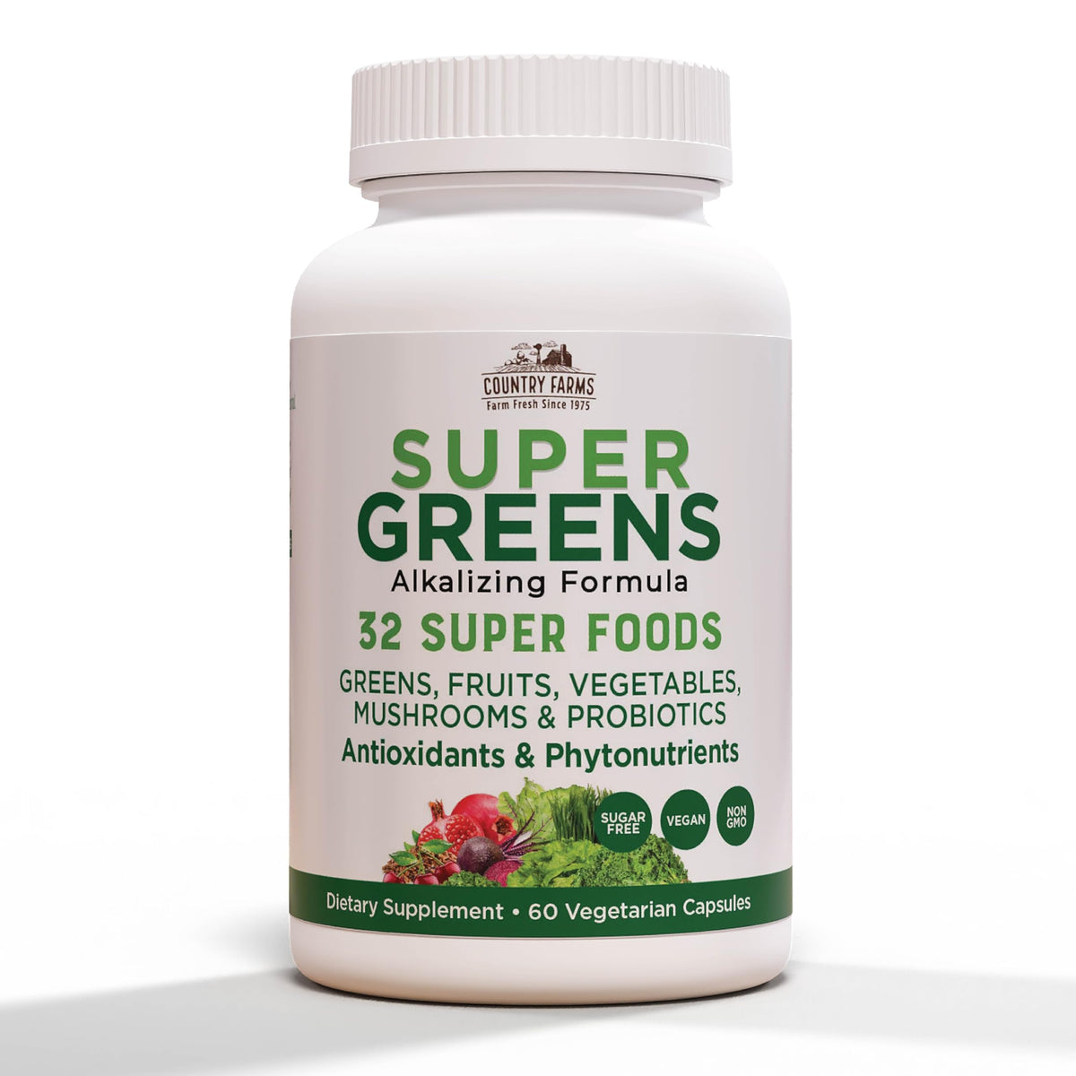 Country Farms Super Greens Vegicaps bottle shows convenient daily capsules for balanced nutrition.