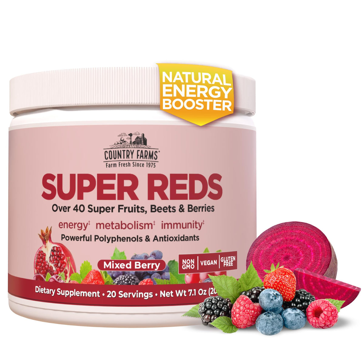 Country Farms Super Reds bottle front promotes an energizing berry immune-support option