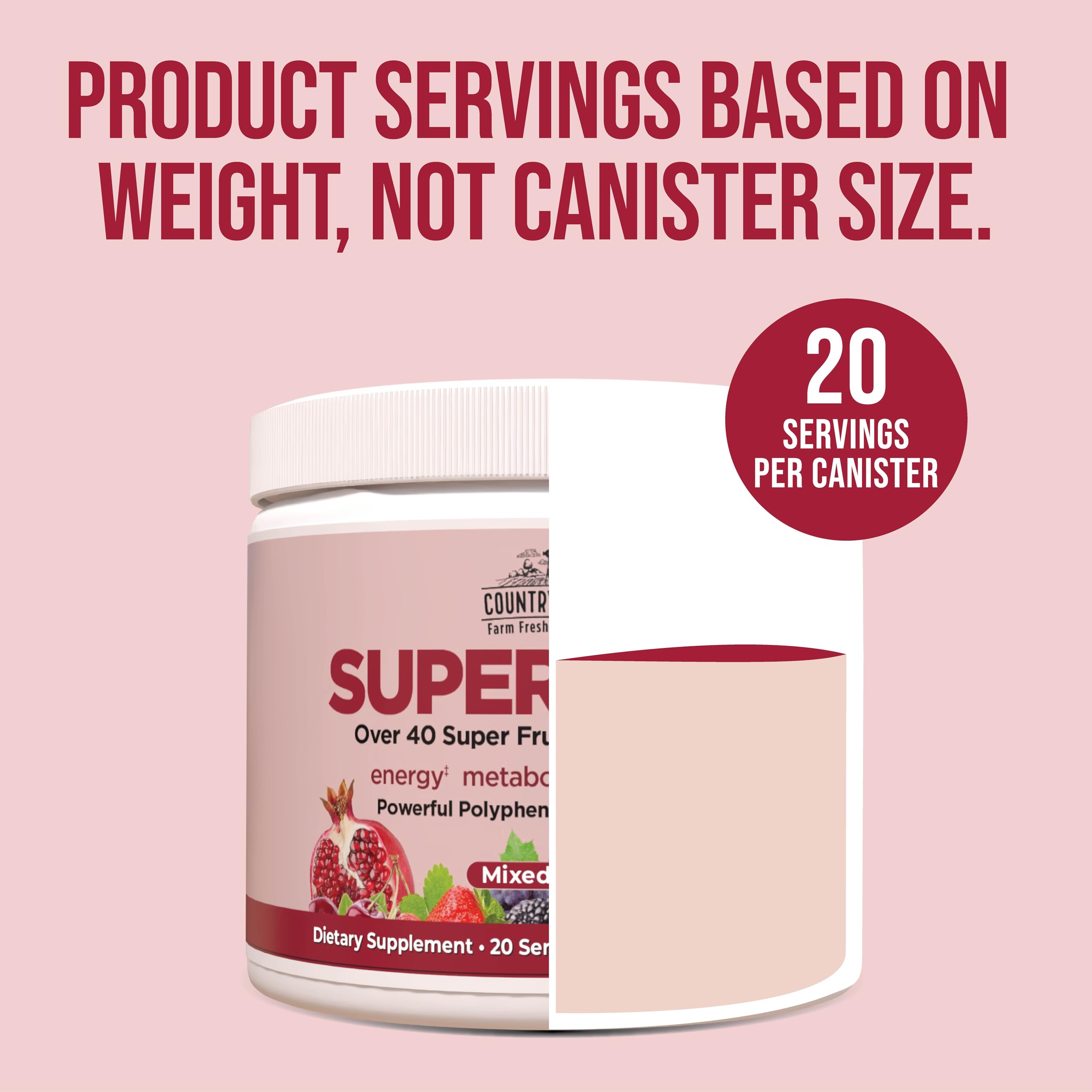Country Farms Super Reds bottle shows gluten-free and non-GMO labels for clean nutrition