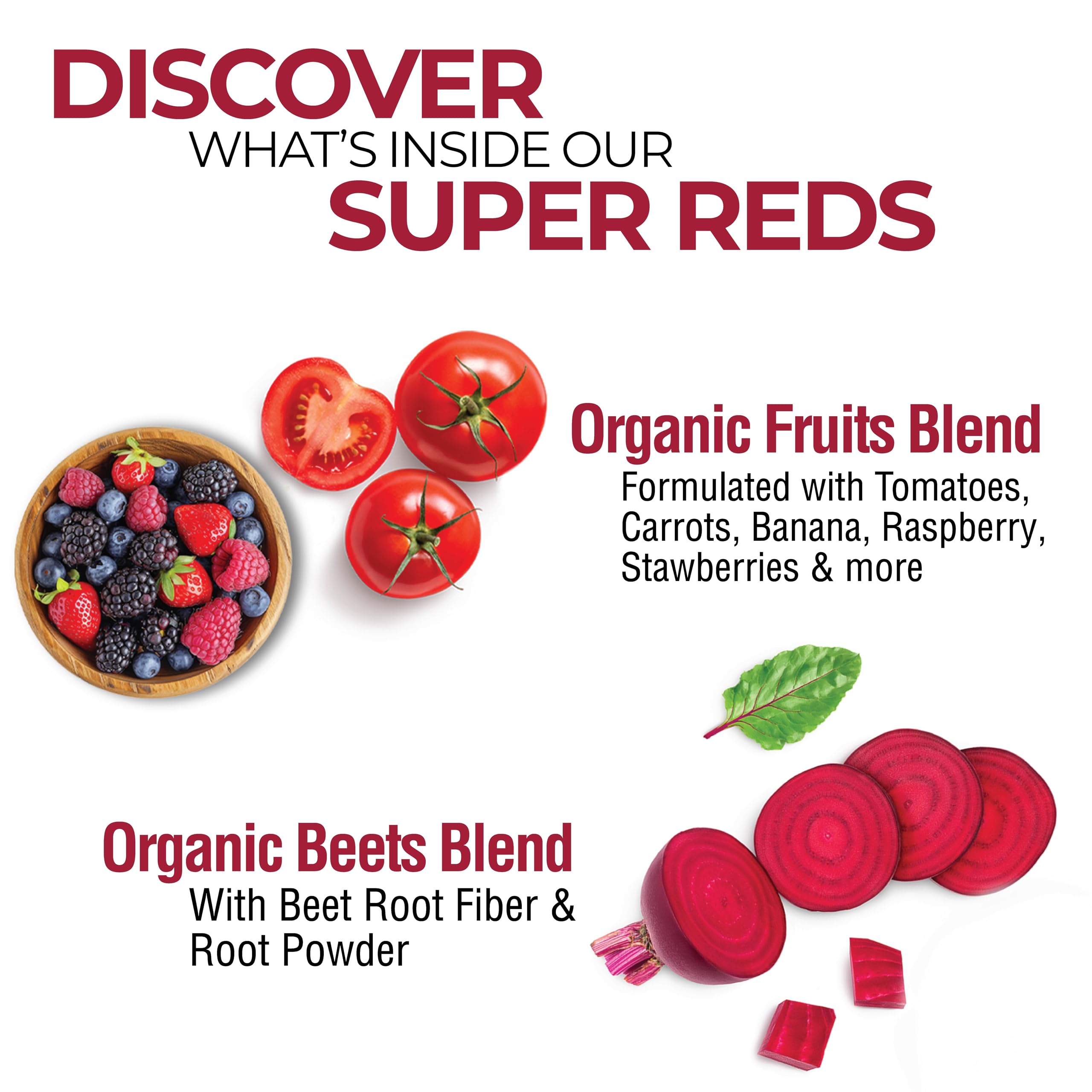 Country Farms Super Reds with glass of mixed berry shake for refreshing energy and nutrition