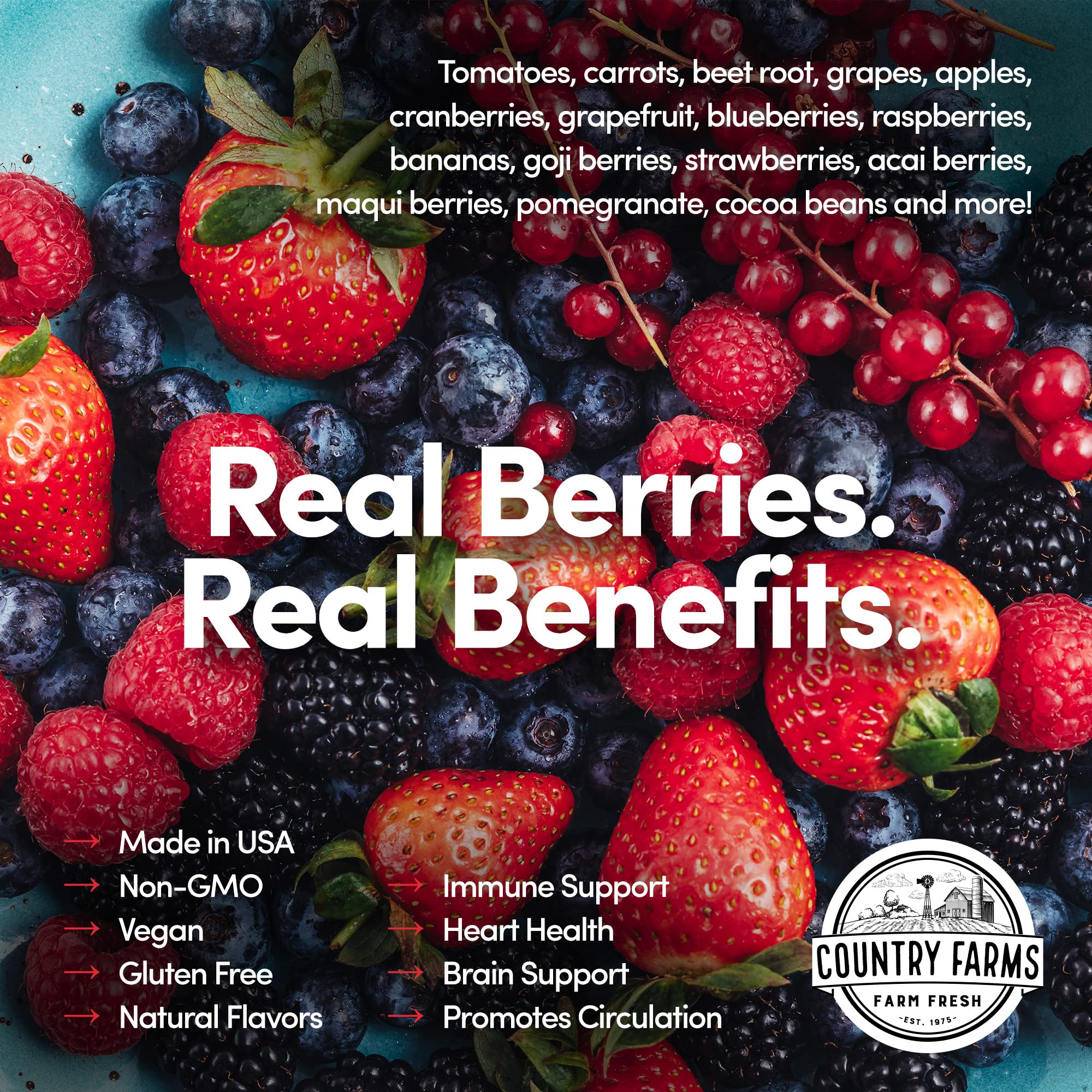 Country Farms Super Reds packaging emphasizes gluten-free and vegan attributes for clean daily nutrition