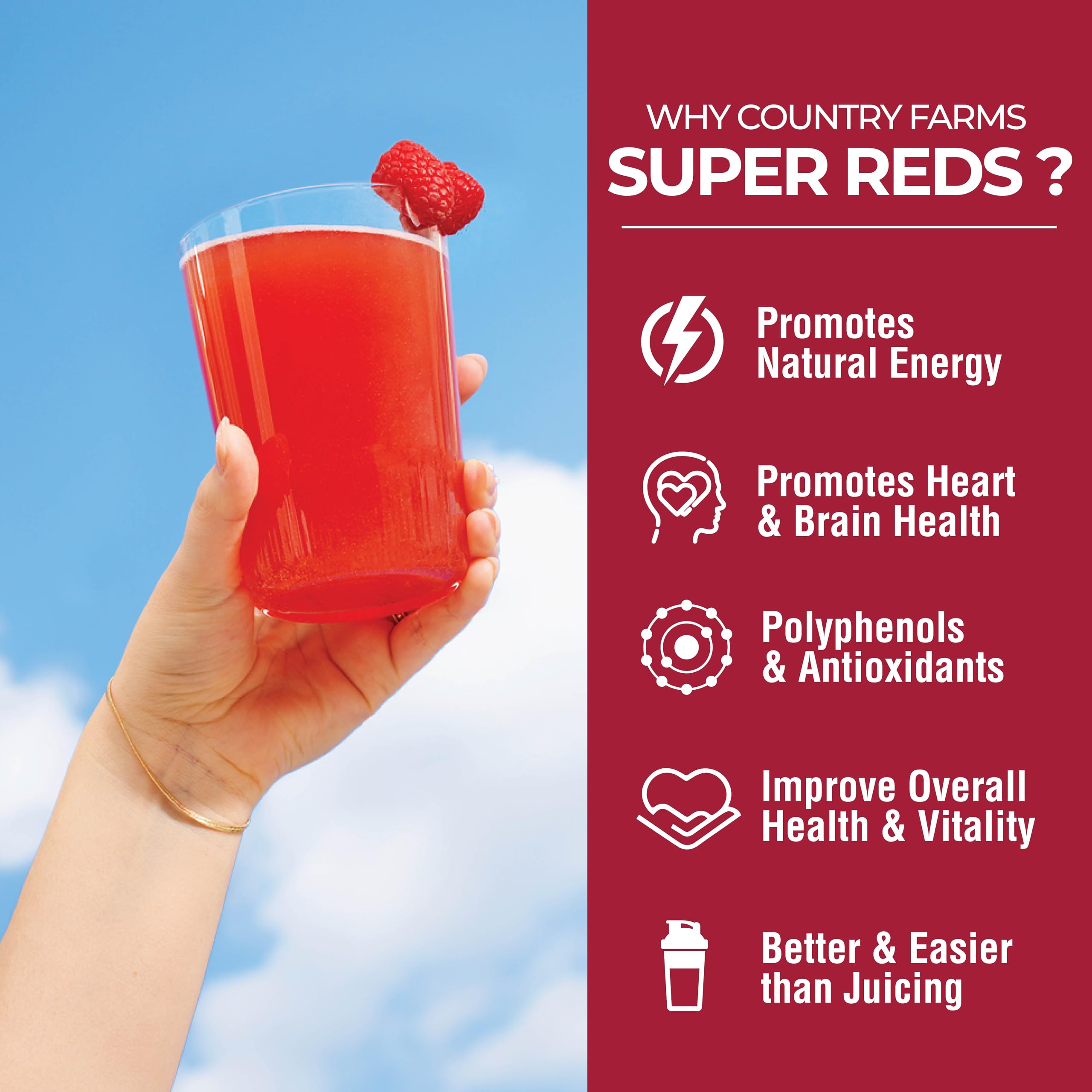 Country Farms Super Reds powder dispersion showing vibrant color and polyphenol richness