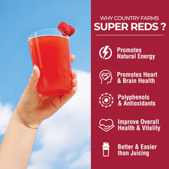 Country Farms Super Reds powder dispersion showing vibrant color and polyphenol richness