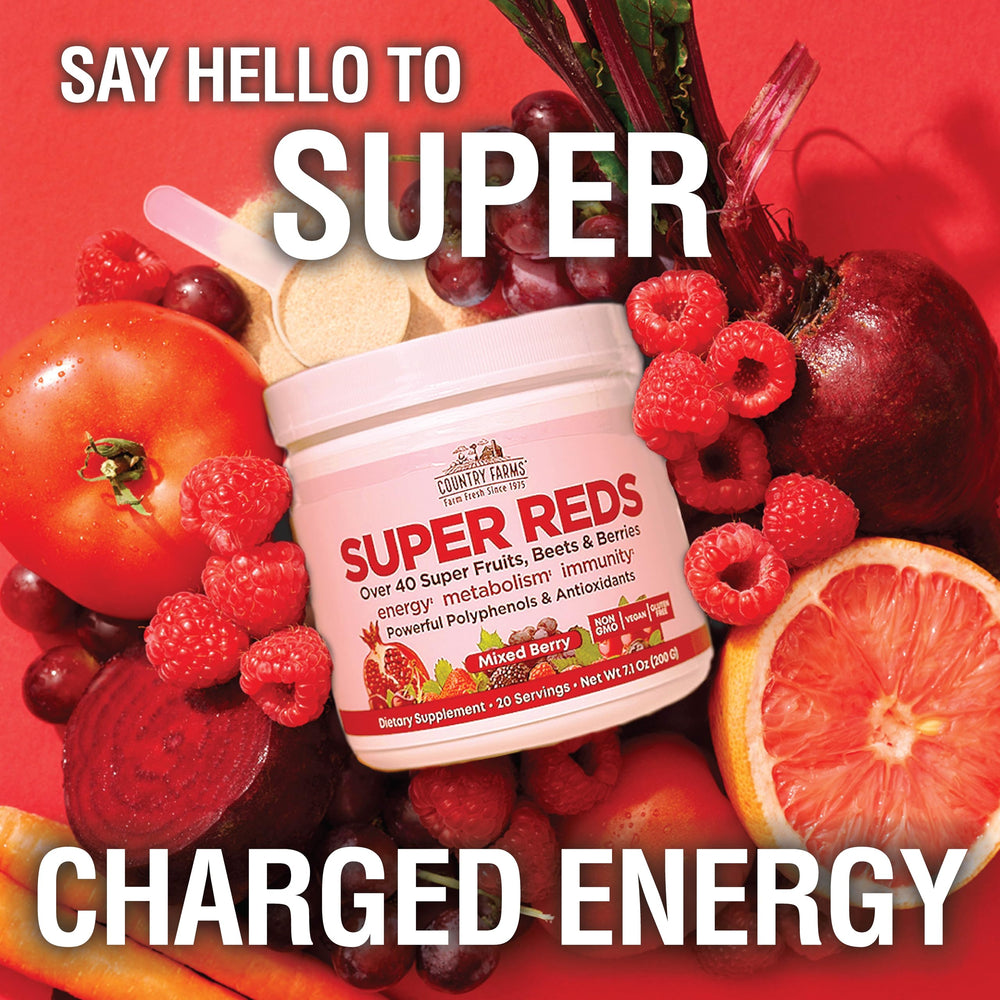 Country Farms Super Reds smoothie with berries illustrates convenient daily nutrition