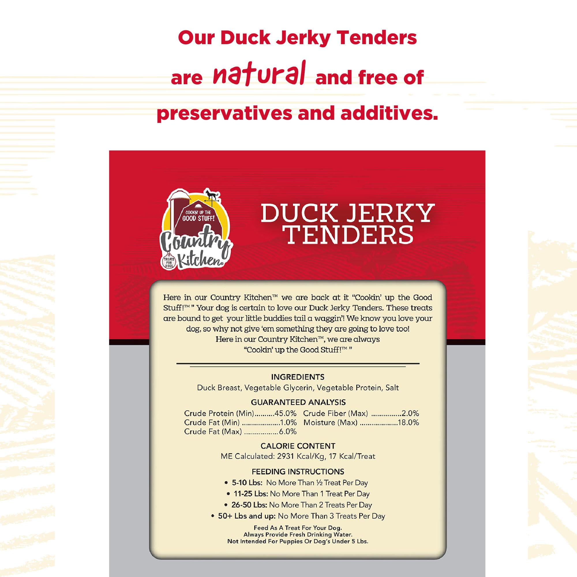 Country Kitchen Duck Jerky Tenders ingredients label notes no artificial colors.