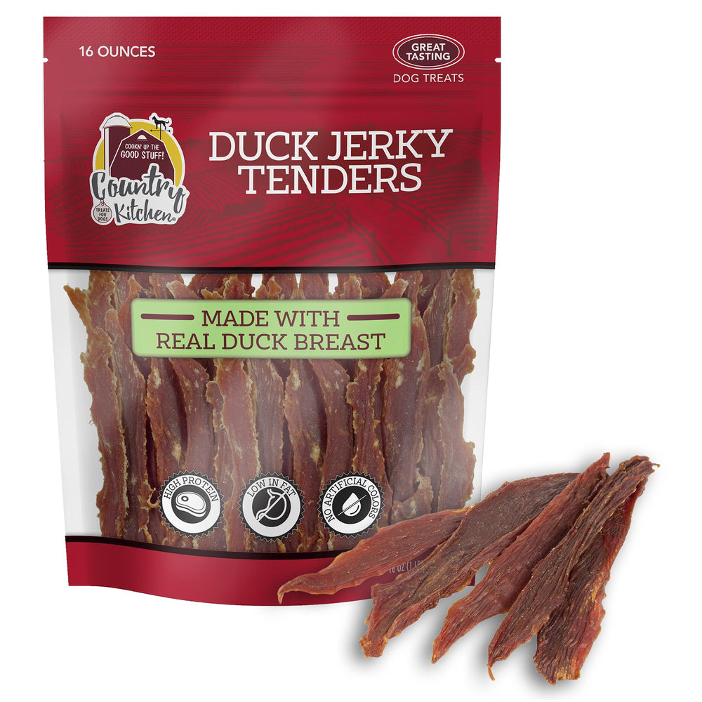 Country Kitchen Duck Jerky Tenders packaging highlights real duck for high-protein snacking.