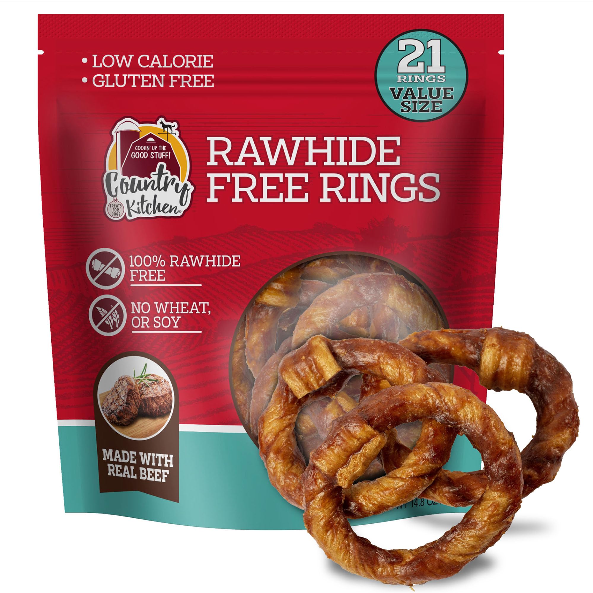 Country Kitchen Rawhide Free Beef Rings front view—real beef chews for tasty dog treats.