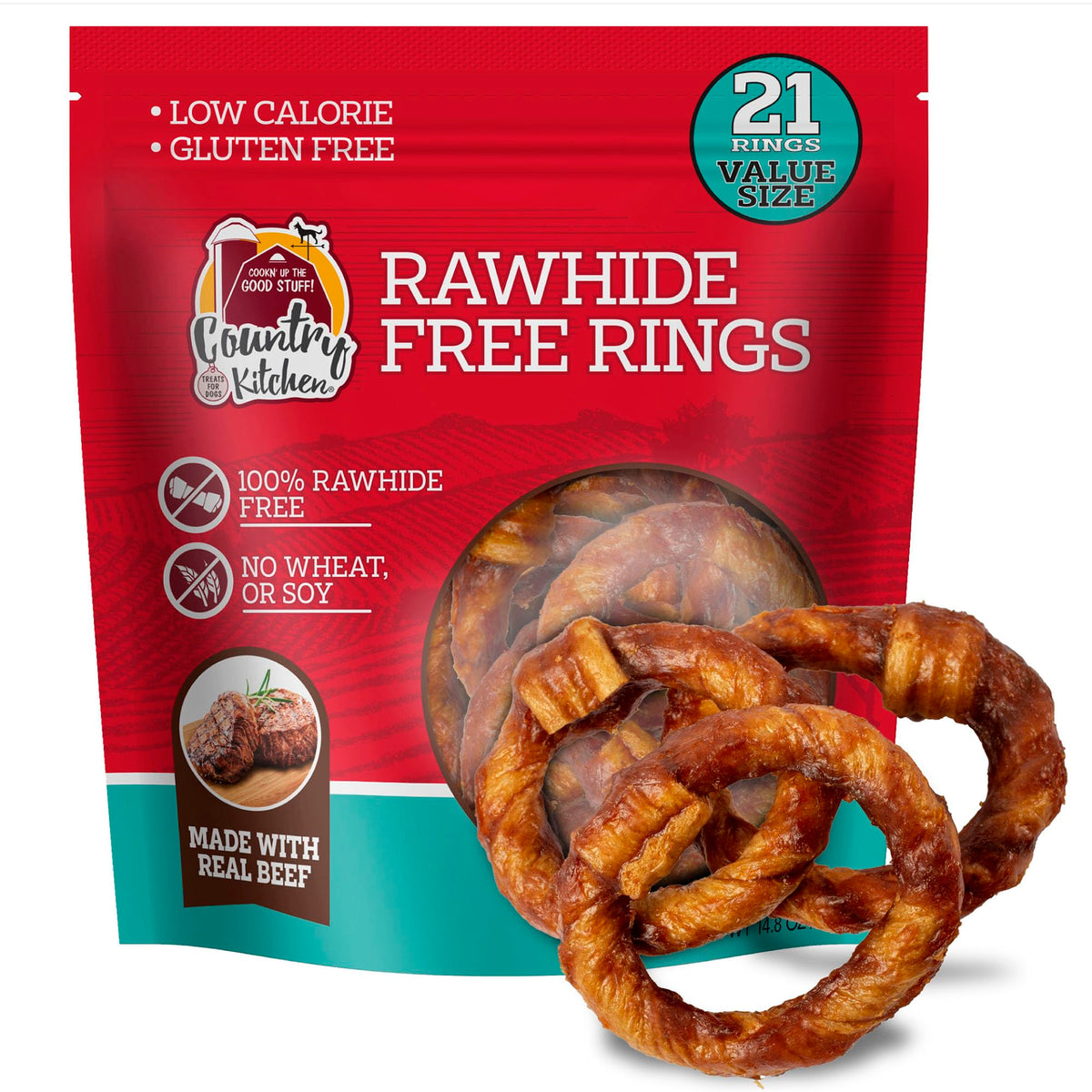Country Kitchen Rawhide Free Beef Rings front view—real beef chews for tasty dog treats.